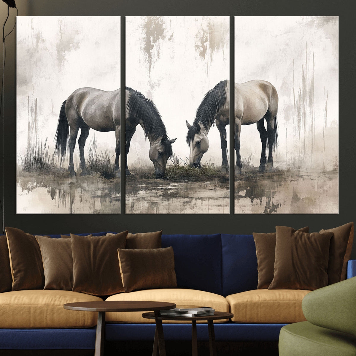 Chines Ink Style Vintage Horses Wall Art Canvas Print for