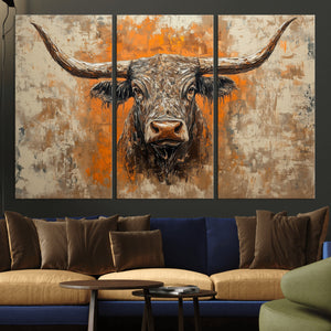 Abstract Cow Longhorn Bull Wall Art Canvas Print - Rustic