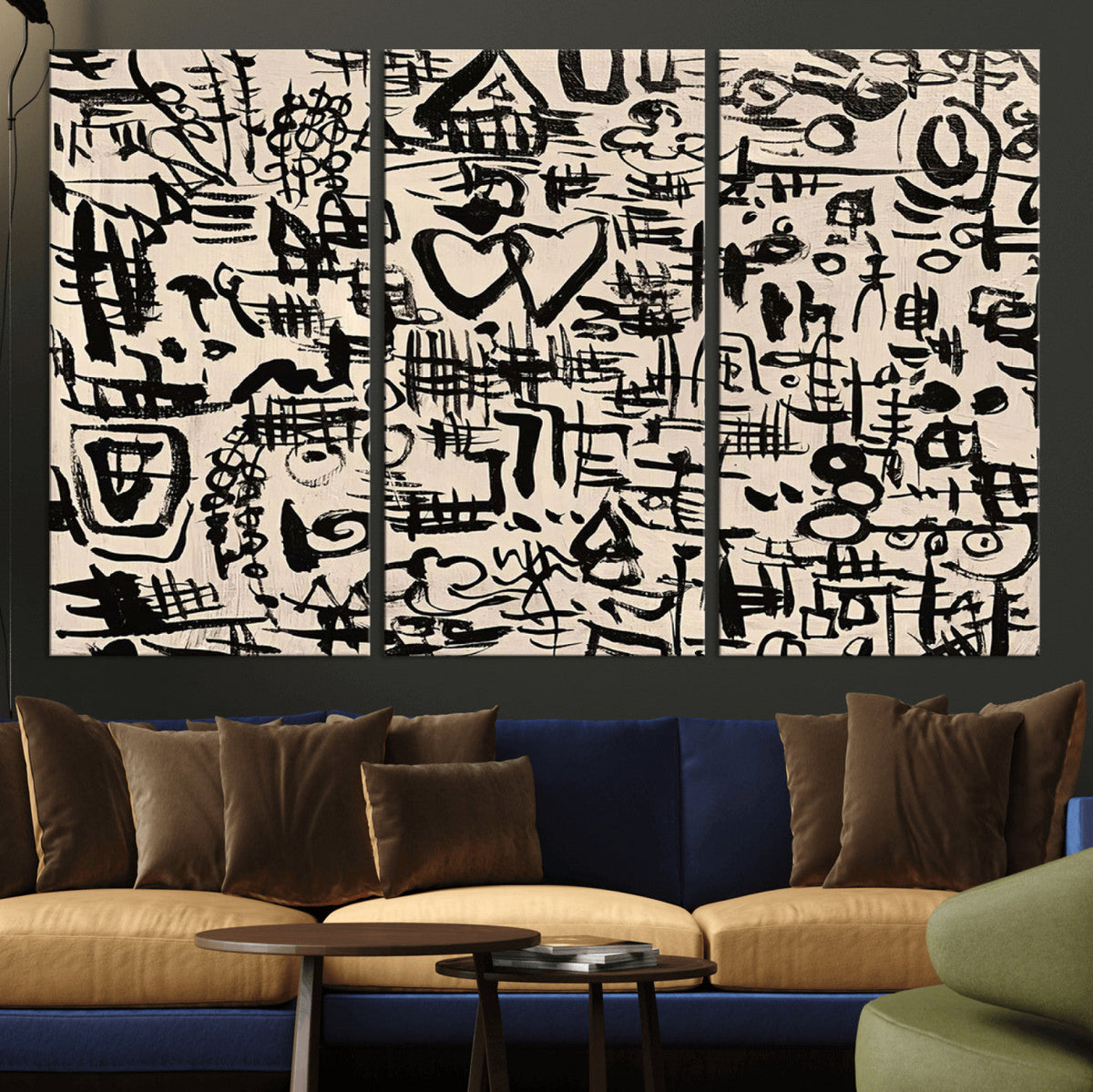 Abstract Love and Chaos Canvas Print, Black Symbols on Beige