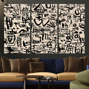 Abstract Love and Chaos Canvas Print, Black Symbols on Beige