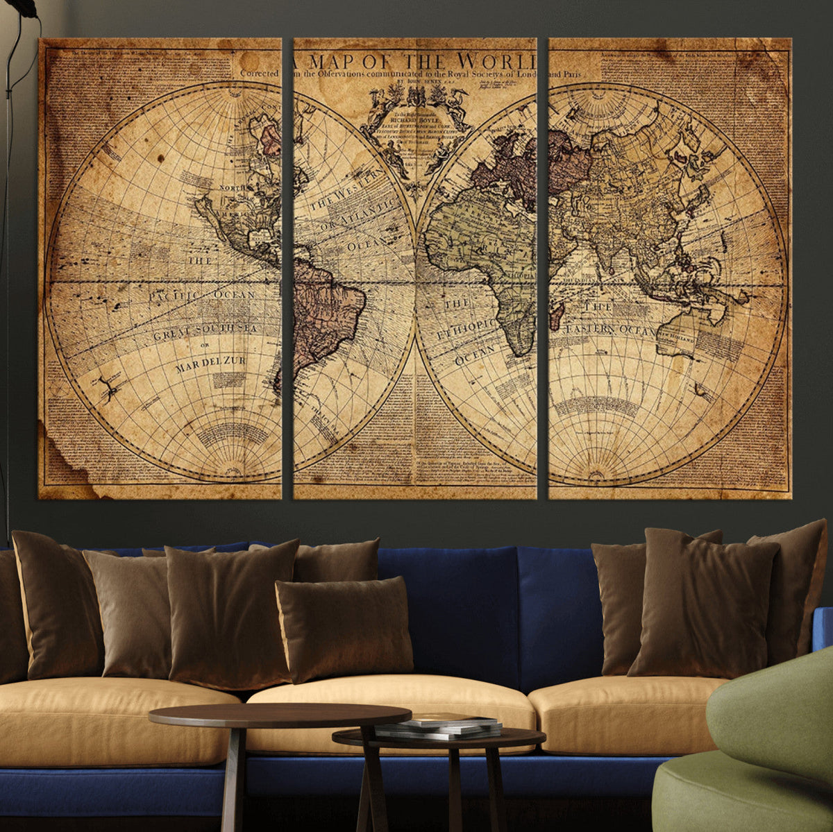 Vintage World Map Wall Art Canvas – Antique Style Push Pin
