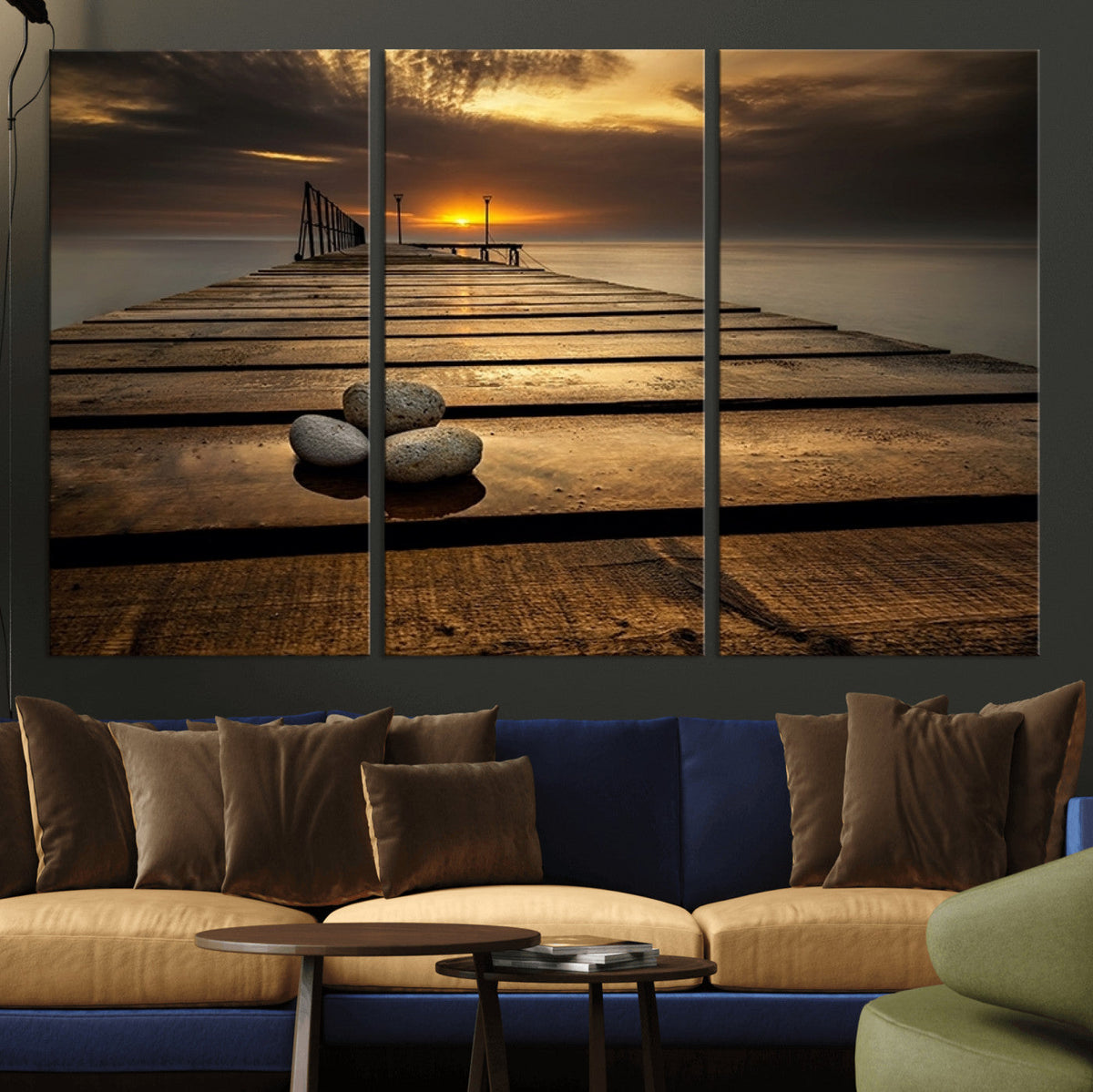 Stones on Wooden Pier at Sunset Canvas Print, Serene Coastal