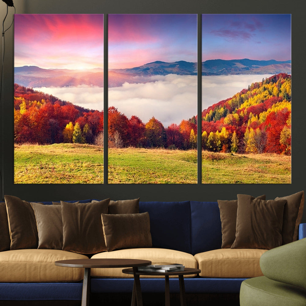 Autumn Mountain Foggy Landscape Wall Art Canvas Print |