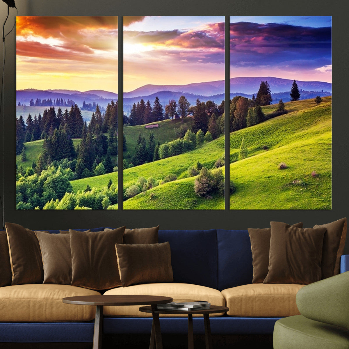 Green Hills and Sunset Wall Art Print - Scenic Landscape