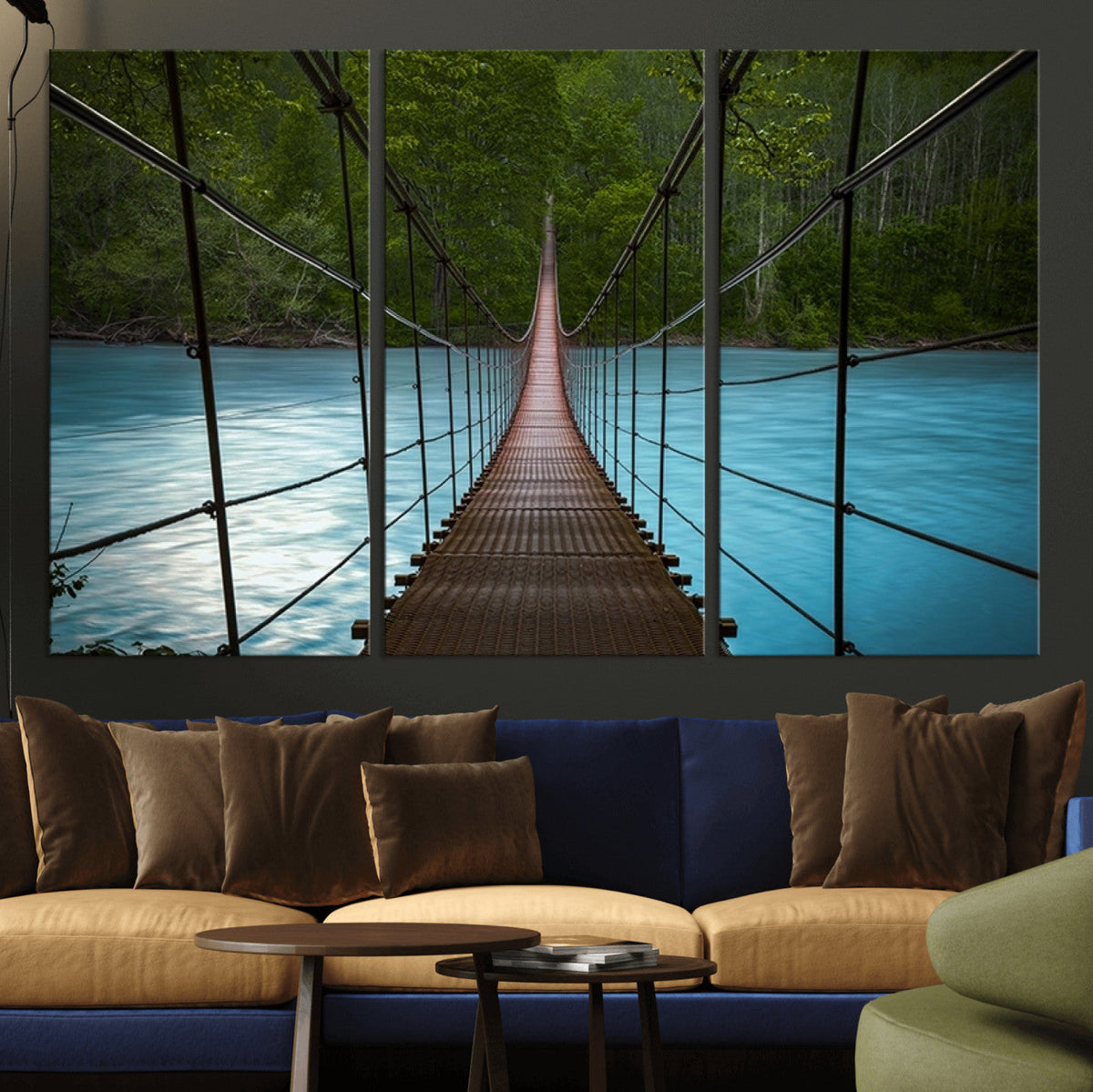 Suspension Bridge Over River Canvas Art | 3-Panel Nature