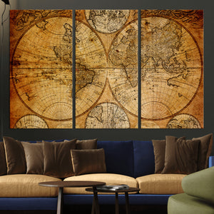 Vintage World Map Canvas Print – Antique Push Pin Travel