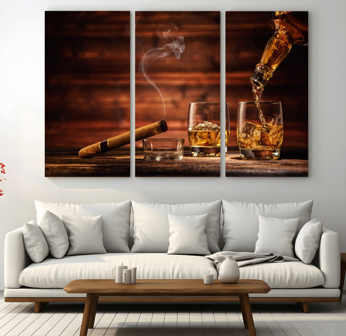 Whiskey and Cigar Wall Art Canvas | 3 Panel Bar Room Decor
