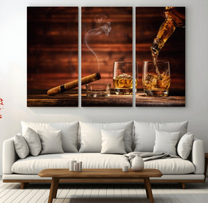Whiskey and Cigar Wall Art Canvas | 3 Panel Bar Room Decor