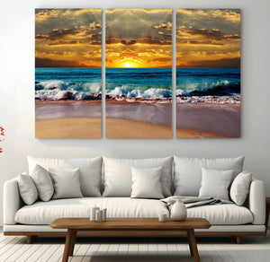 Ocean Sunrise Over Golden Beach Waves, Giclee Canvas Wall