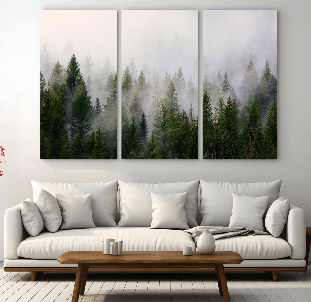 Misty Pine Forest Wall Art Canvas Print | 3 Panel Green