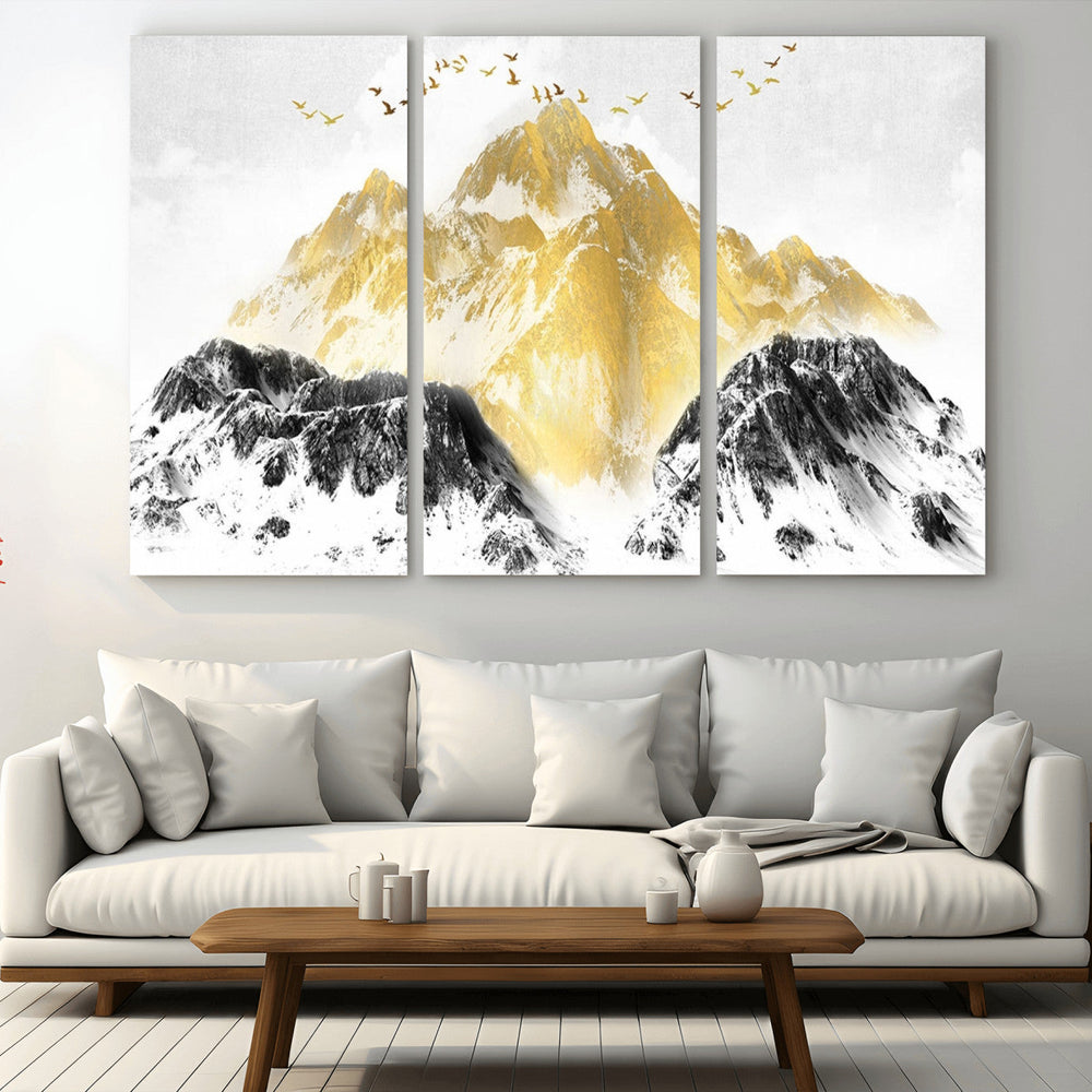 Golden Mountain Triptych Wall Art Canvas Print, Modern