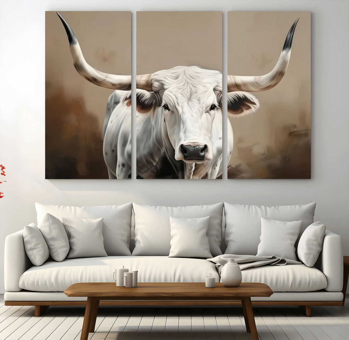 White Longhorn Bull Wall Art Canvas Print – Framed and Ready