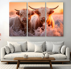 Highland Cows at Sunrise Wall Art Canvas Set – Serene and