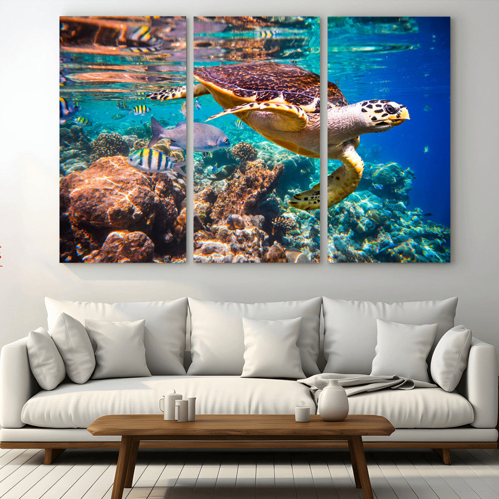 Sea Turtle Wall Art Canvas Print – Vibrant Ocean Coral Reef