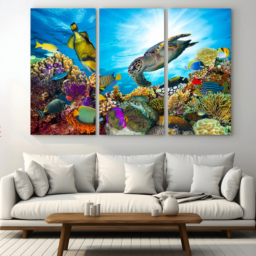 Colorful Coral Reef and Sea Life Turtle Canvas Print,