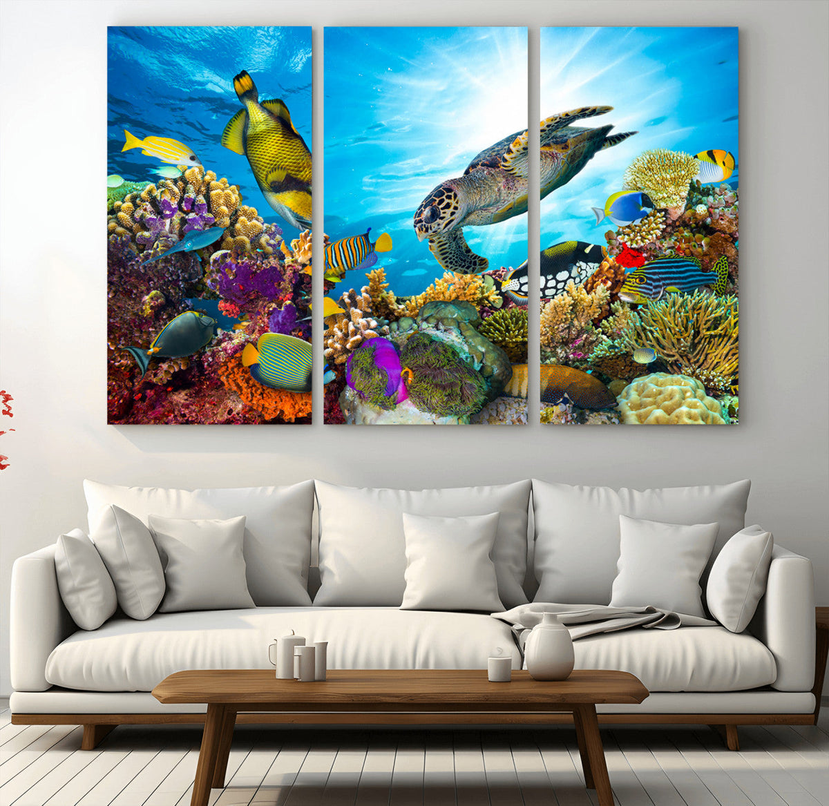 Colorful Coral Reef and Sea Life Turtle Canvas Print,