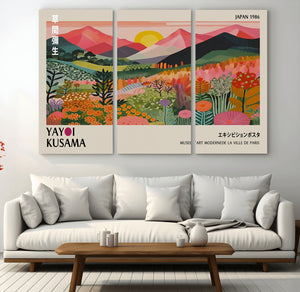 Yayoi Kusama Landscape Canvas Print, Vibrant Floral Mountain Art Print, Framed Botanical Wall Art -
