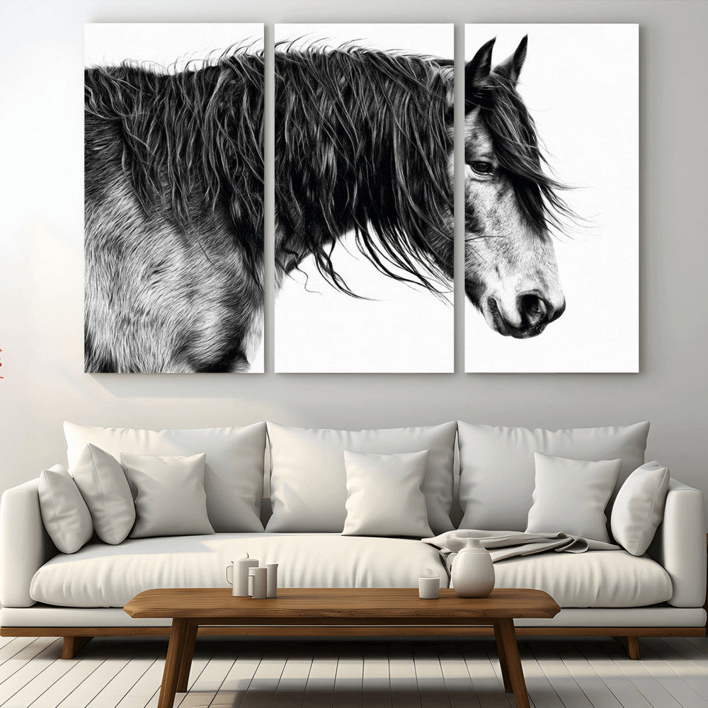 Majestic Horse Wall Art – Framed Black White Portrait Canvas