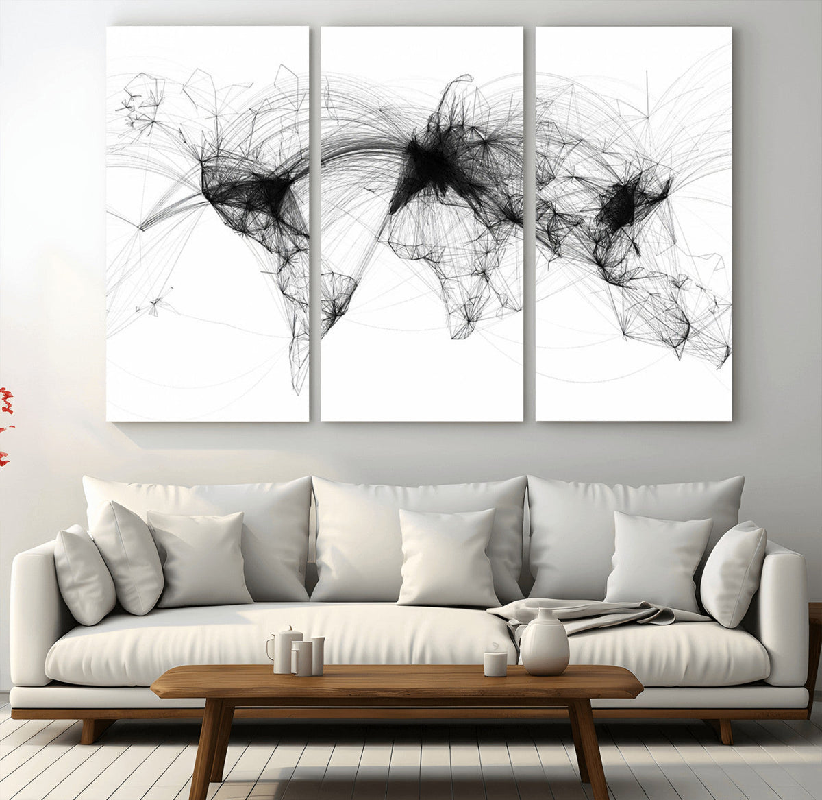 Abstract World Map Wall Art – Framed Geometric Line Canvas