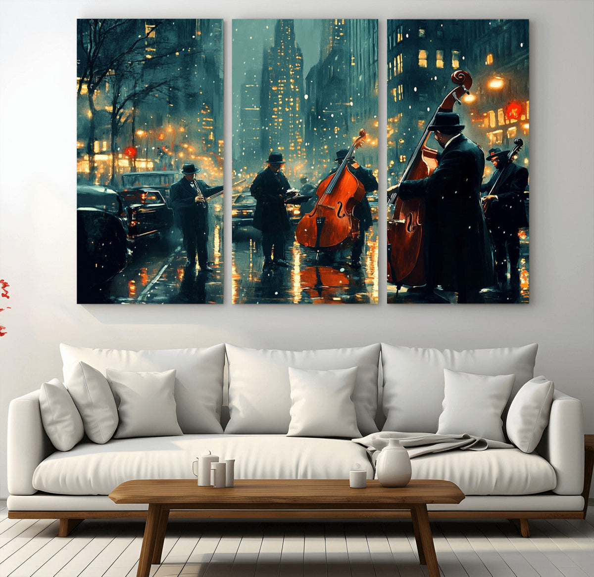 Urban Night Jazz Wall Art Canvas Print – Moody Rain-Soaked