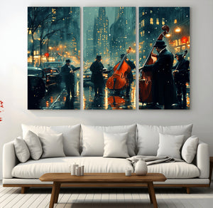 Urban Night Jazz Wall Art Canvas Print – Moody Rain-Soaked
