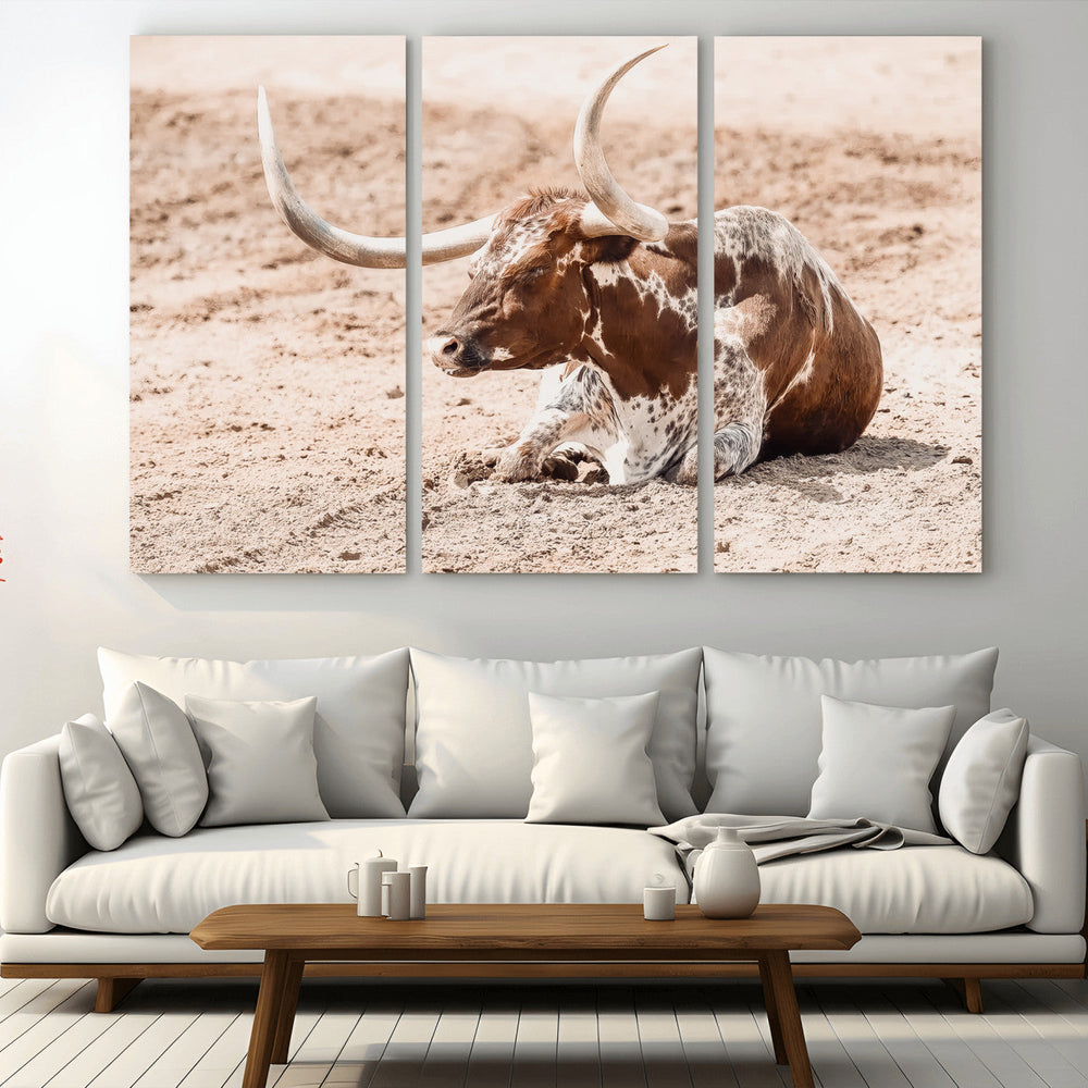 Texas Longhorn Wall Art – Framed Resting Bull Canvas