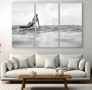 Black and White Surfing Wall Art Canvas Print – Framed Ocean