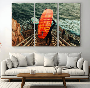 Surfer Stairway Wall Art – Framed Ocean Surf Canvas Artwork,