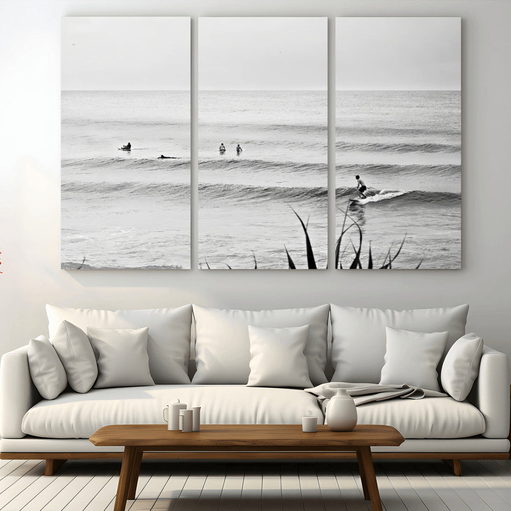 Surfer Silhouette Wall Art – Framed Calm Ocean Canvas