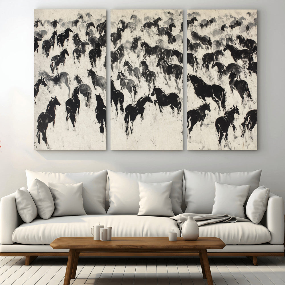 Wild Horse Stampede Wall Art Canvas Print – Monochrome