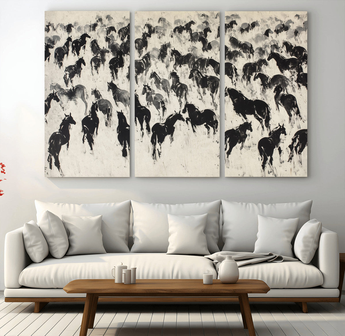 Wild Horse Stampede Wall Art Canvas Print – Monochrome