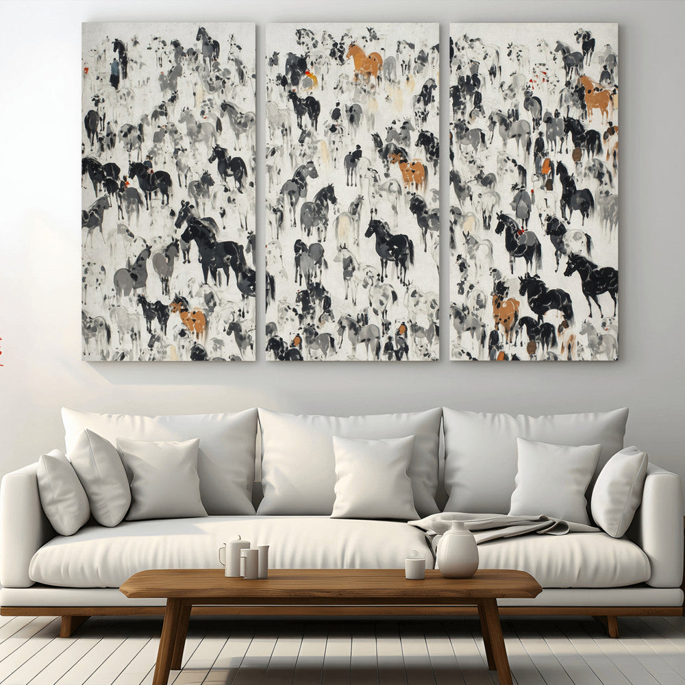 Wild Horse Stampede Wall Art Canvas Print – Monochrome