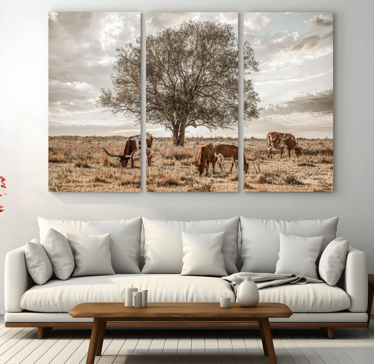 Texas Longhorn Cattle Wall Art, Rustic Western Ranch Canvas