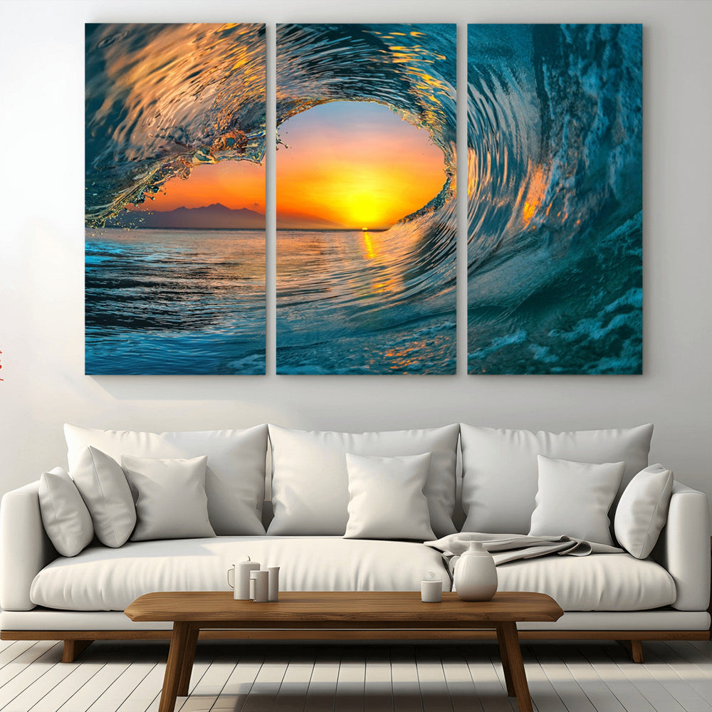 Ocean Wave Sunset Wall Art | Large Coastal Wave Canvas Print