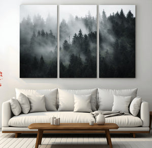 Foggy Forest Wall Art Canvas Print | 3 Panel Large Misty