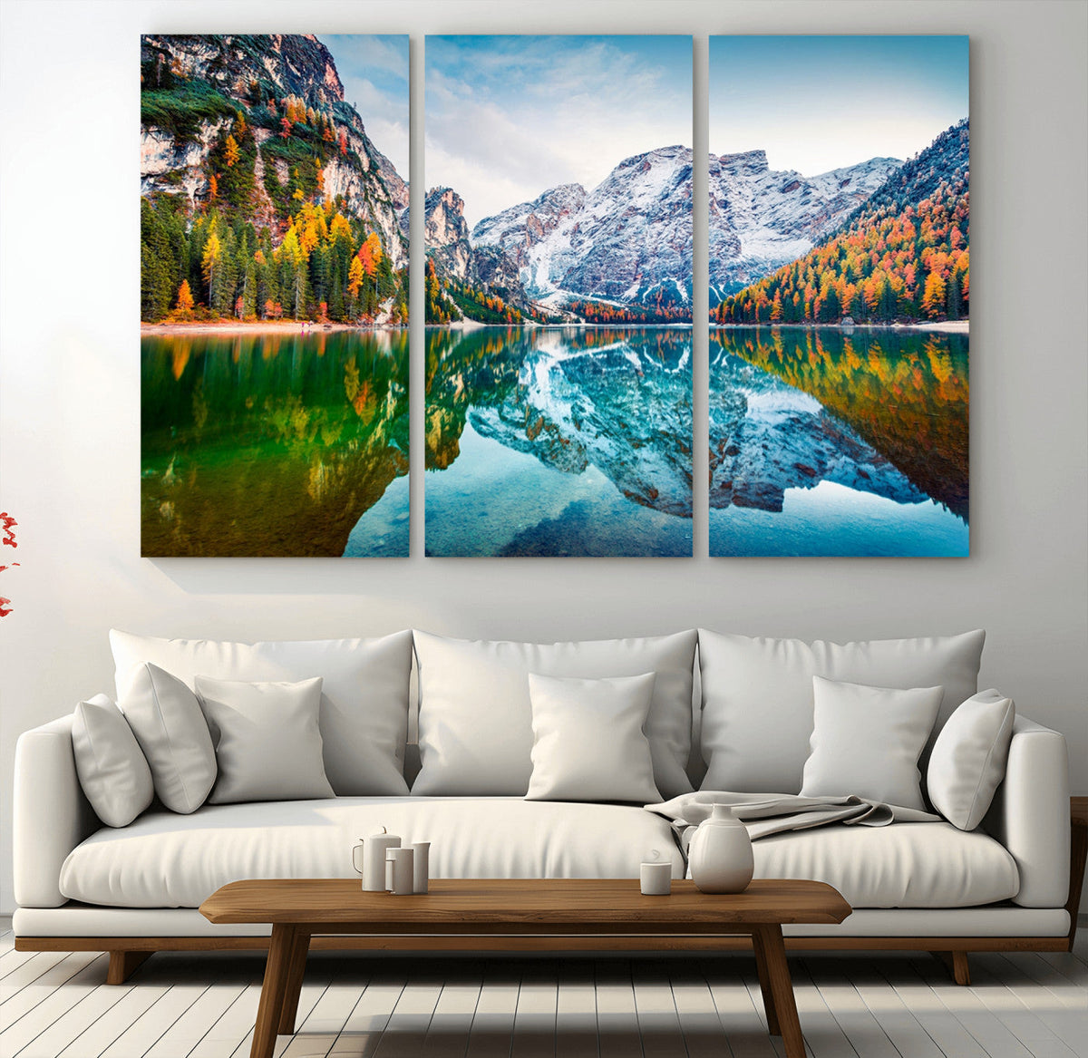 Spectacular autumn view of Braies Lake Wall Art Canvas Print