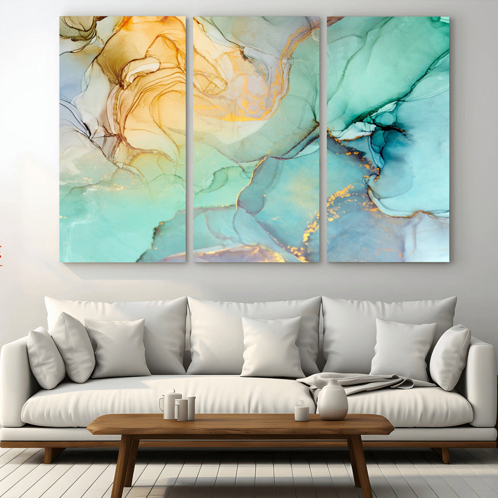 Abstract Aqua and Gold Fluid Wall Art Canvas | 3 Panel Large