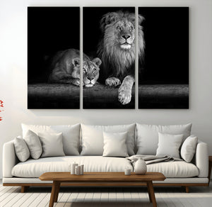 Large Black and White Lion Couple Wall Art Canvas Print –