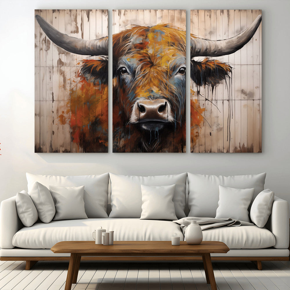 Scottish Highland Cow Cattle Art Print on Wood Style