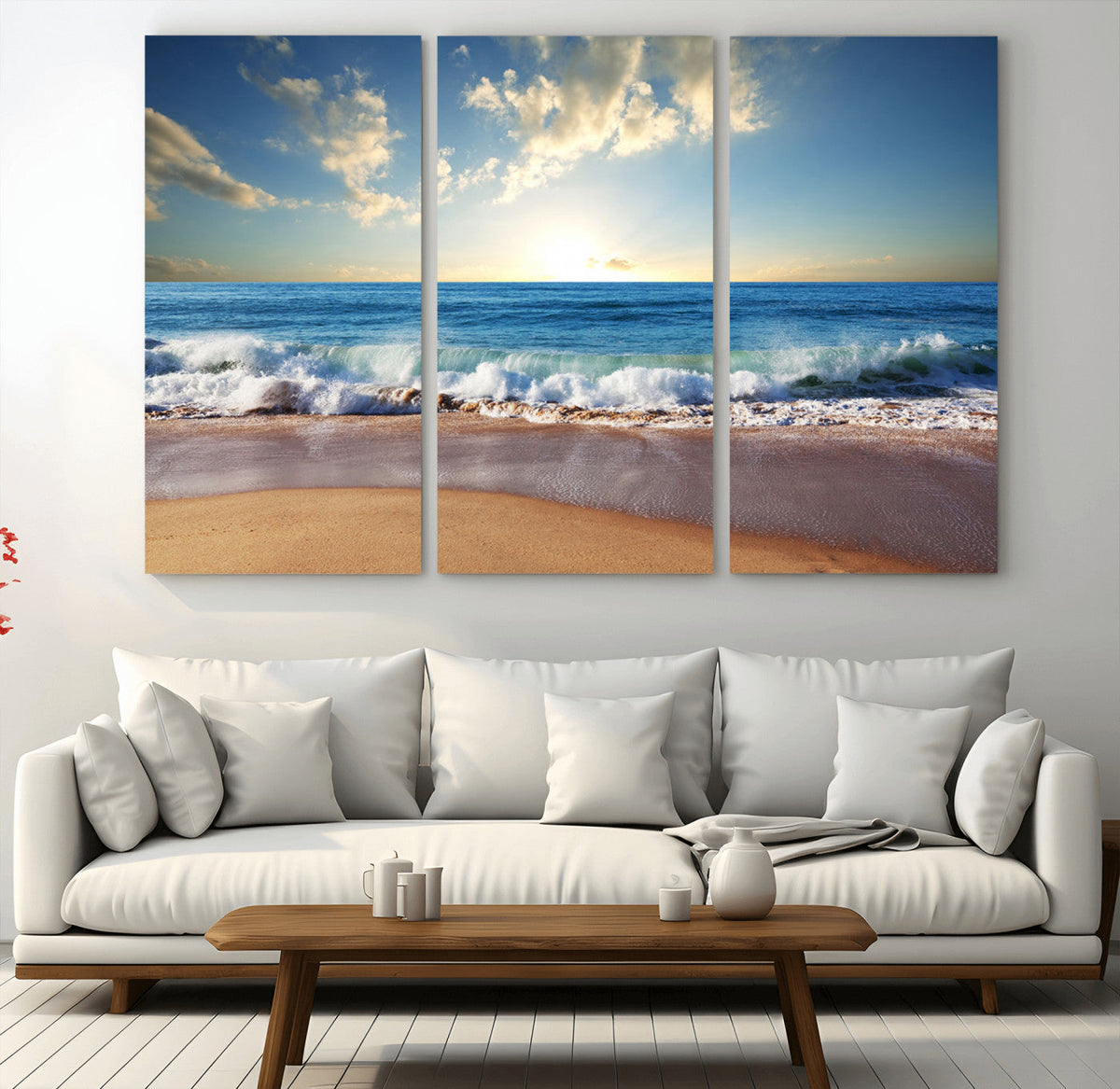 Serene Ocean Sunset Canvas Wall Art - Beach Waves at Sunset,