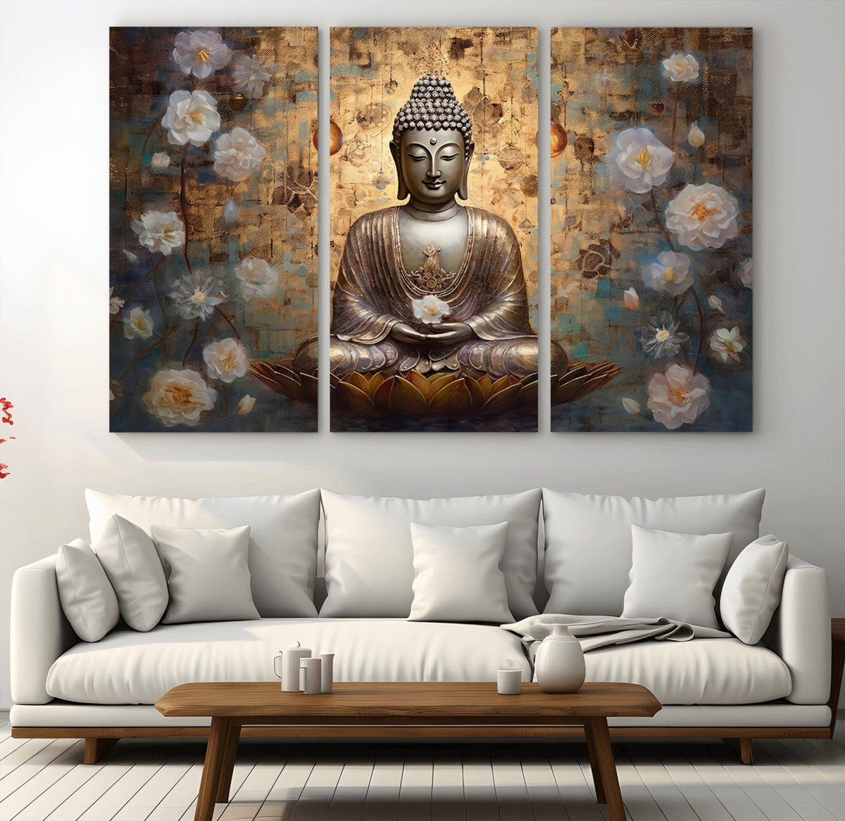 Golden Buddha Wall Art Canvas Print | Zen Meditation Floral