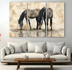 Chinese Style Abstract Black Horses Wall Art Canvas Print -