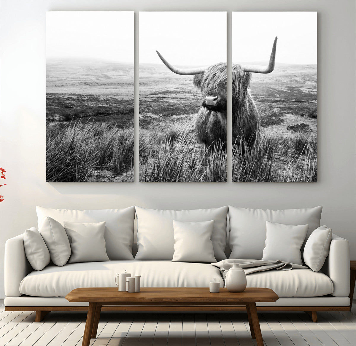 Scottish Highland Cow Wall Art | Black and White Canvas