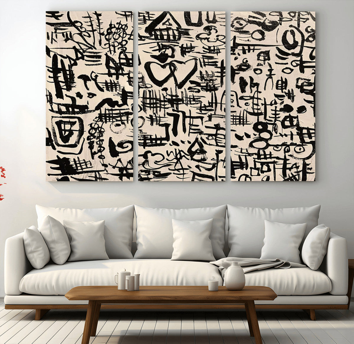 Abstract Love and Chaos Canvas Print, Black Symbols on Beige