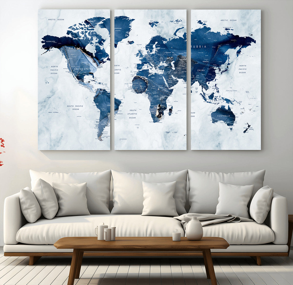Modern Blue World Map Canvas Print – Framed Wall Art,