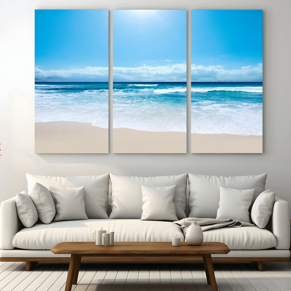 Wall Art Canvas Print Shiny Blue Sea and Beach