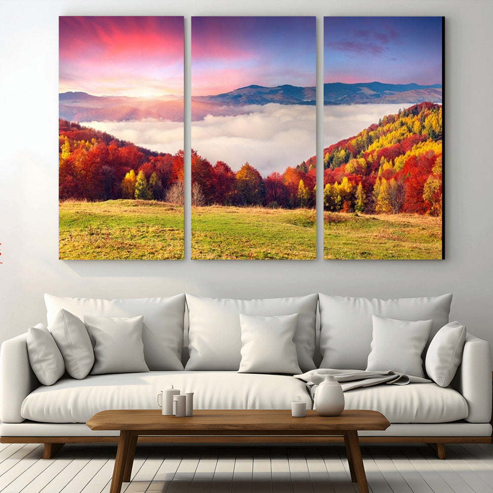Autumn Mountain Foggy Landscape Wall Art Canvas Print |