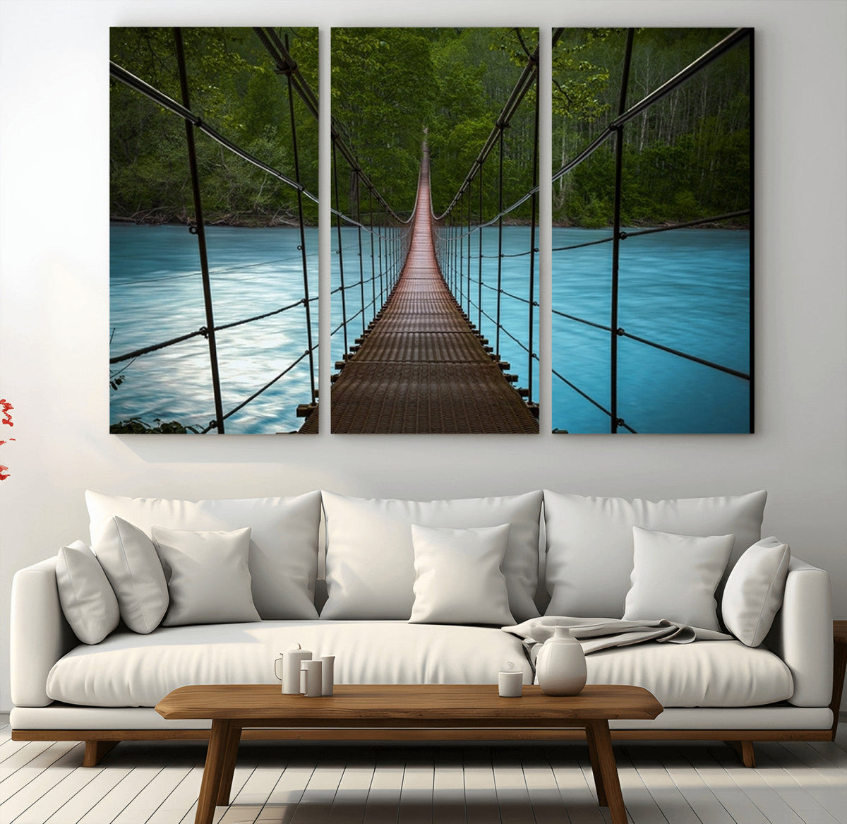 Suspension Bridge Over River Canvas Art | 3-Panel Nature