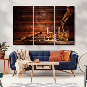 Whiskey and Cigar Wall Art Canvas | 3 Panel Bar Room Decor