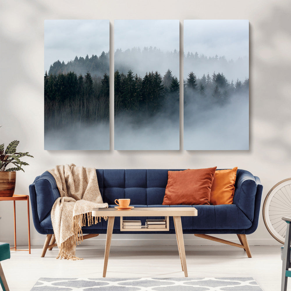 Autumn and Misty Trees in the Forest Wall Art Canvas Print,